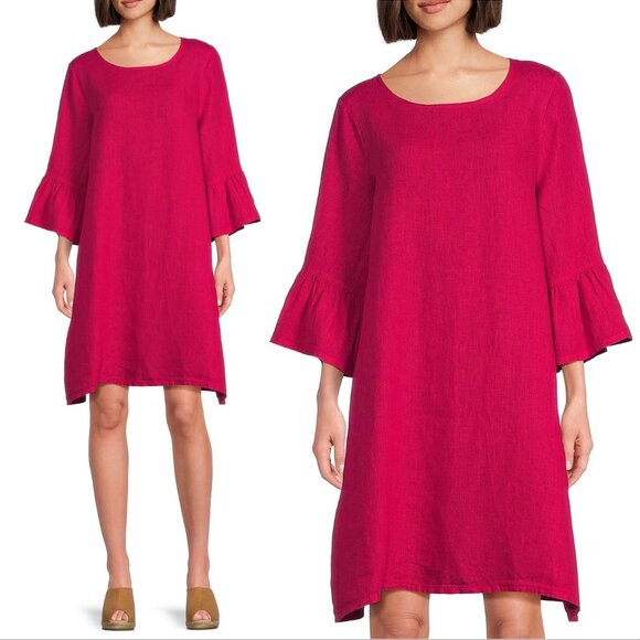 BRYN WALKER Phryne Shift DRESS Pink Linen Crew Neck Ruffled Bell Sleeve NEW $203 - Picture 1 of 8